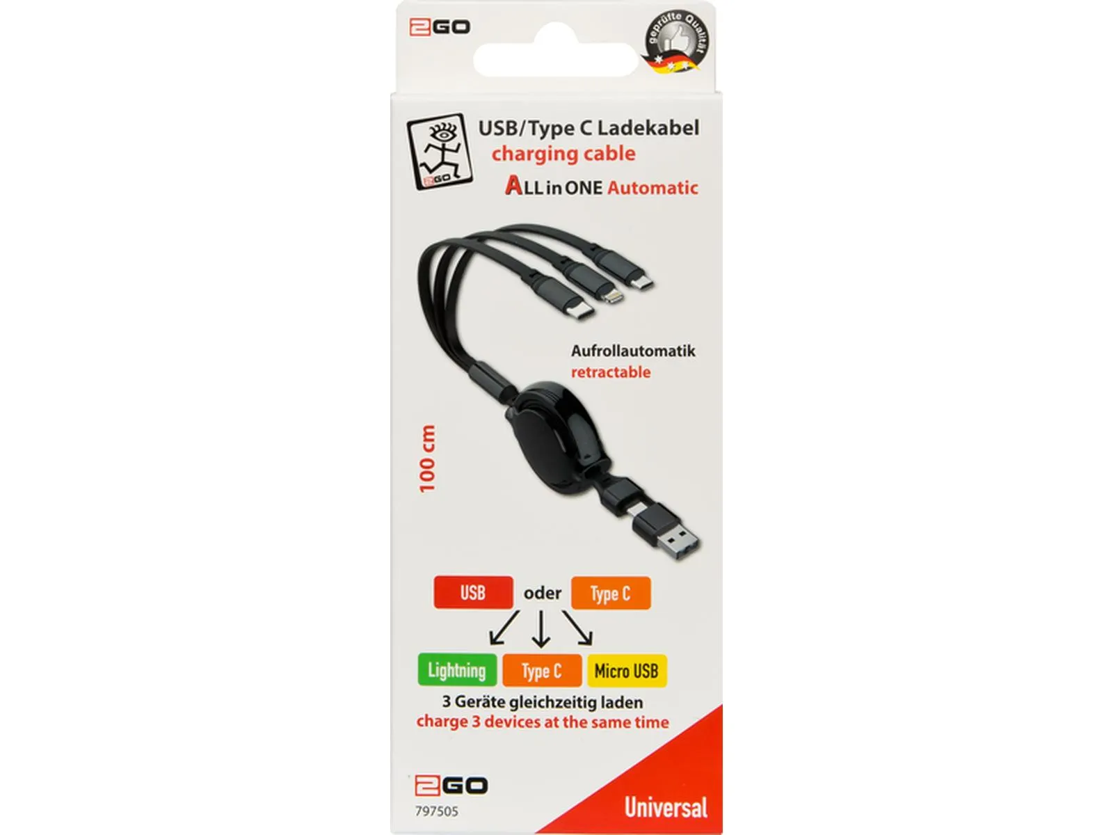 USB/Typ C Ladekabel 5 in 1, schwarz, 1m