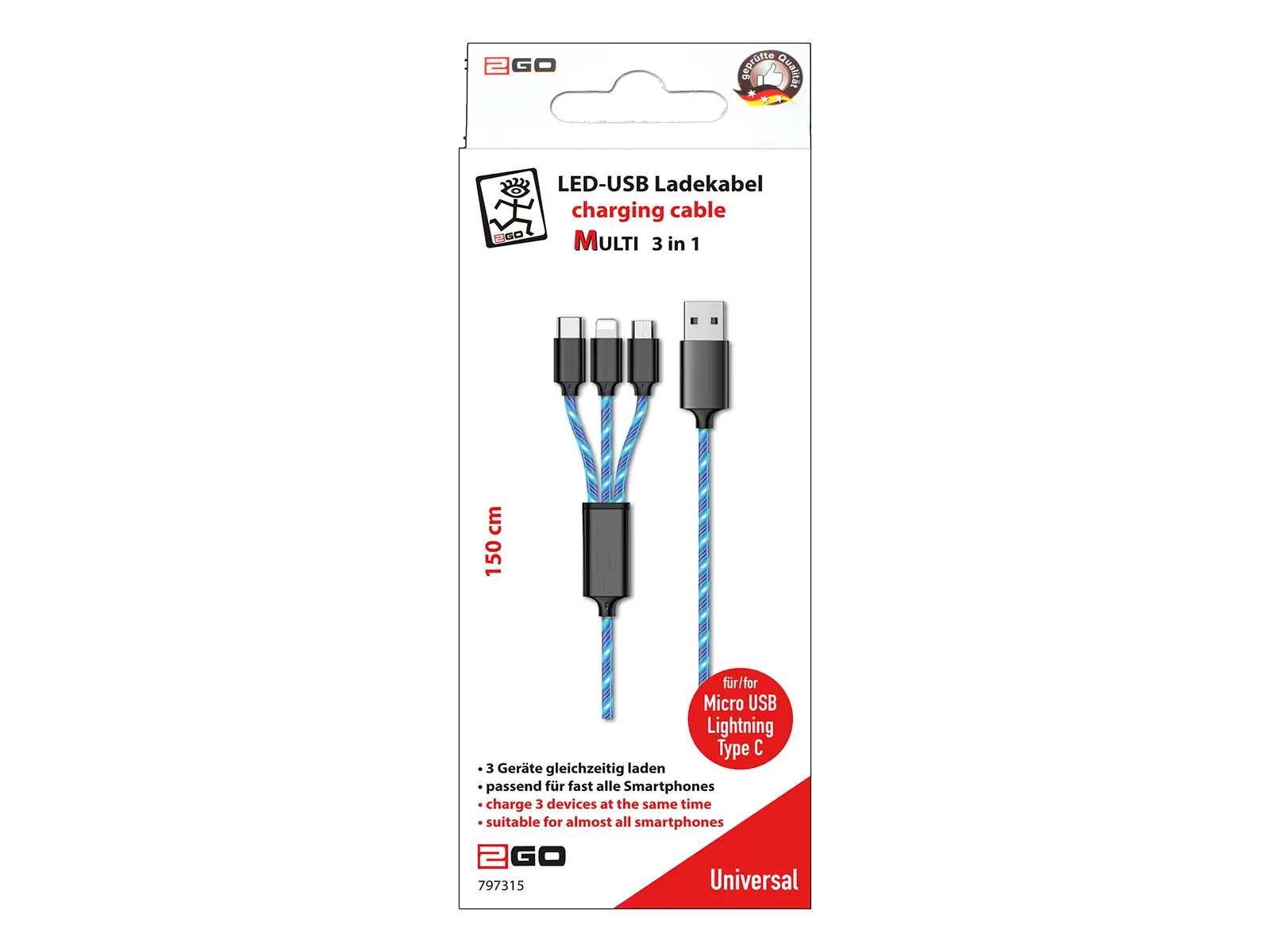 USB Ladekabel 3 in 1, Beleuchtung blau, 1,5m
