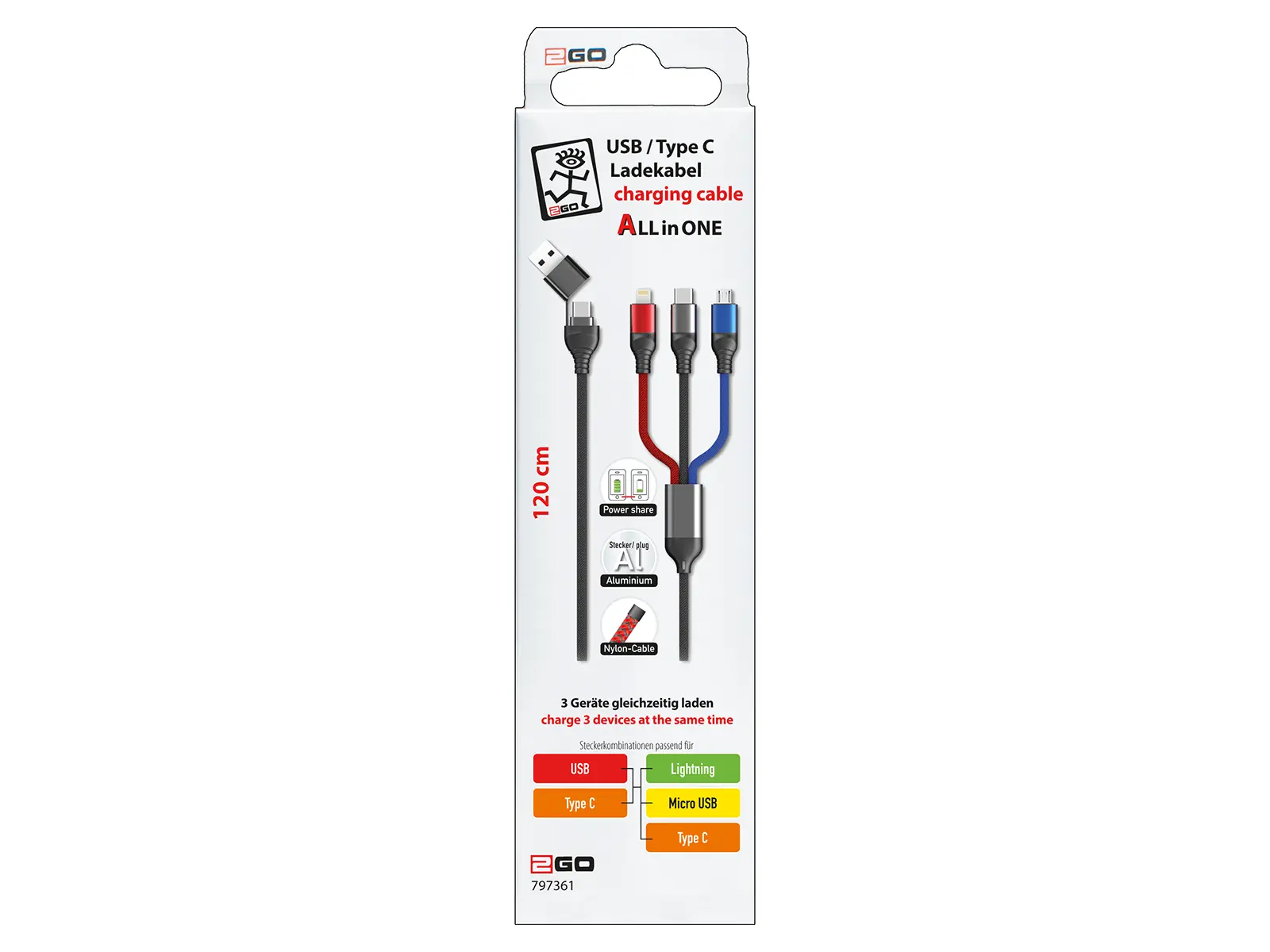 USB / USB-C Ladekabel 3 in 1, mehrfarbig, 1,2m